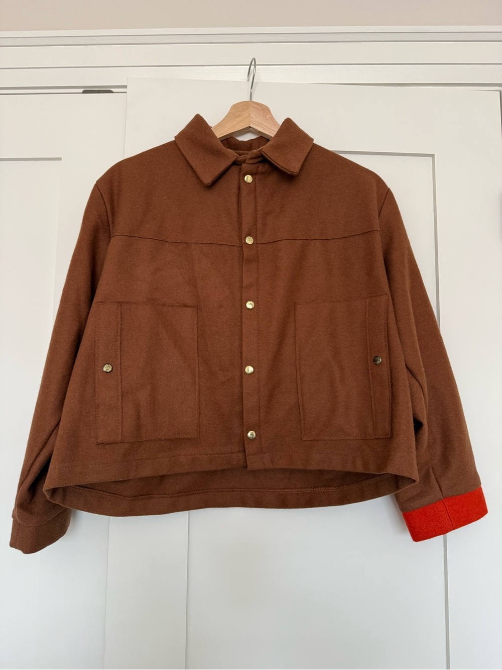 Tony Chestnut Boxy Cropped Utility Jacket Brown with Orange Accent - M/L